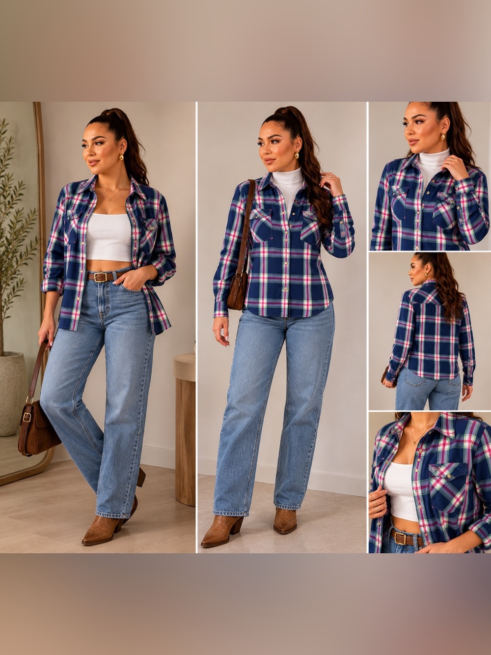Hollister Navy, White & Pink Plaid Button-Down Shirt